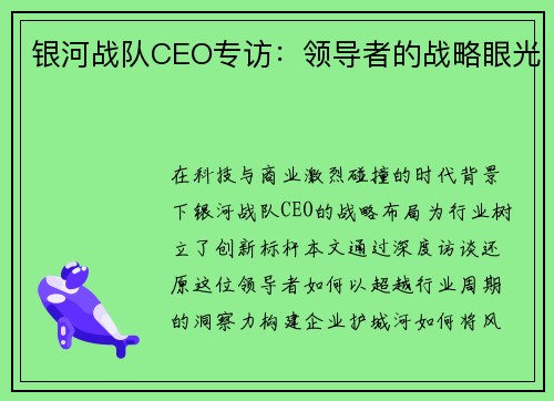 银河战队CEO专访：领导者的战略眼光