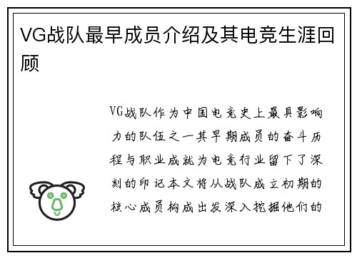 VG战队最早成员介绍及其电竞生涯回顾