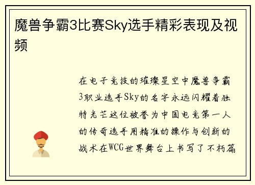 魔兽争霸3比赛Sky选手精彩表现及视频